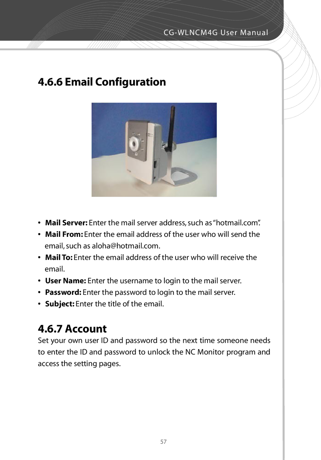 Corega CG-WLNCM4G manual Email Configuration, Account 