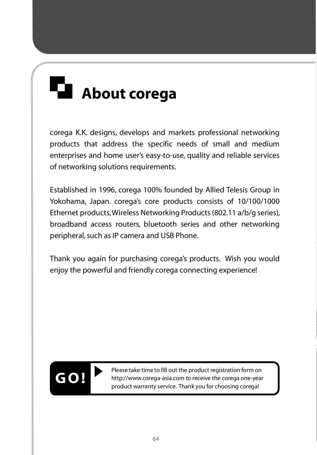 Corega CG-WLNCM4G manual About corega 