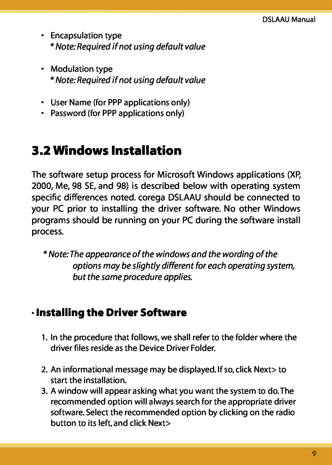 Corega DSLAAU user manual Windows Installation, Installing the Driver Software, Note Required if not using default value 