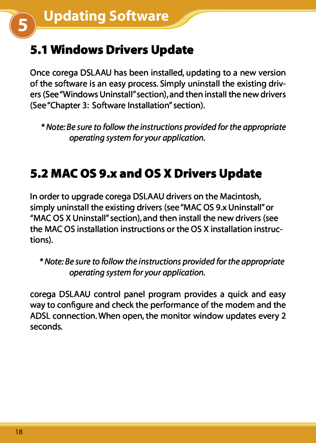 Corega user manual DSLAAU5 ManualUpdating Software, Windows Drivers Update, MAC OS 9.x and OS X Drivers Update 