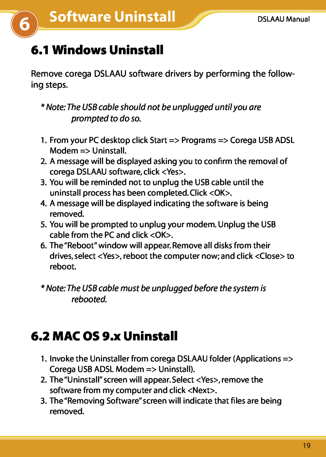 Corega DSLAAU user manual Software Uninstall, Windows Uninstall, MAC OS 9.x Uninstall 