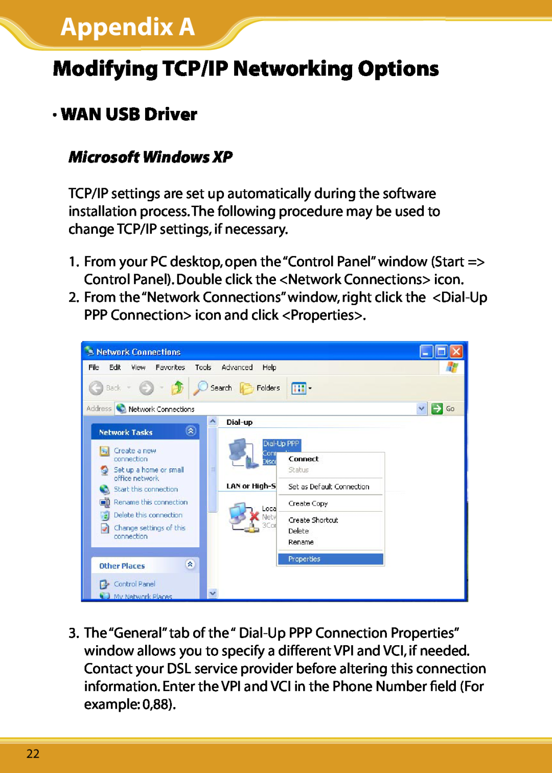 Corega DSLAAU user manual Modifying TCP/IP Networking Options, WAN USB Driver, Microsoft Windows XP 
