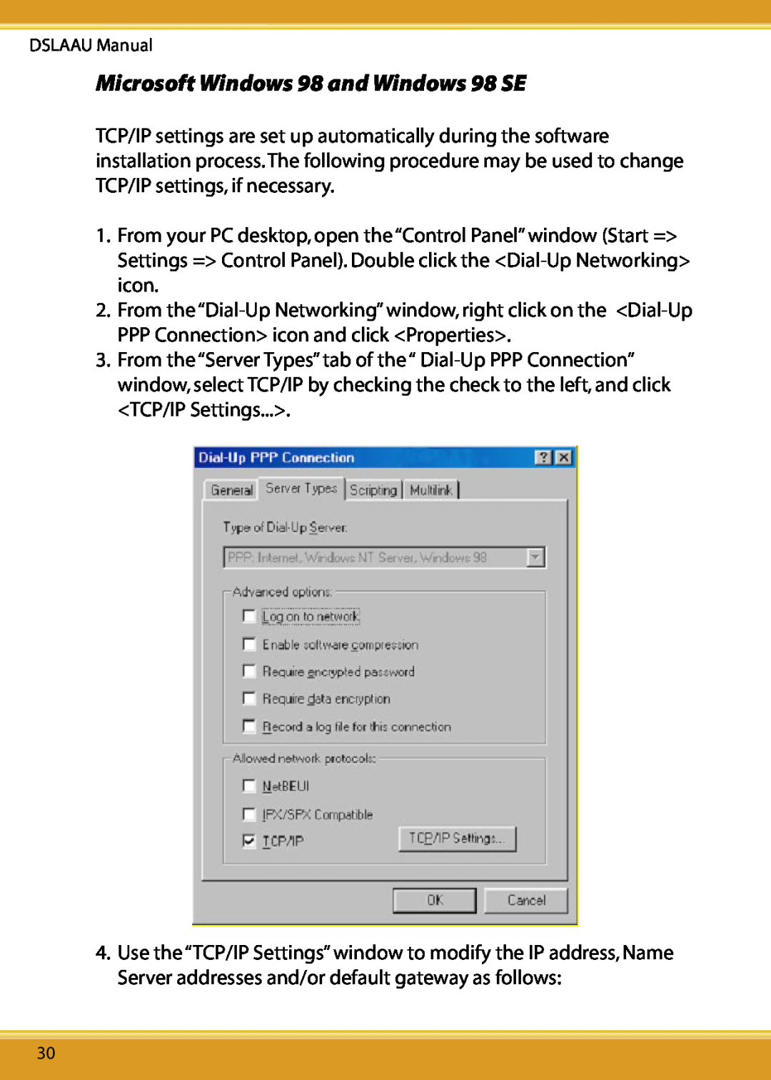 Corega user manual Microsoft Windows 98 and Windows 98 SE, DSLAAU Manual 