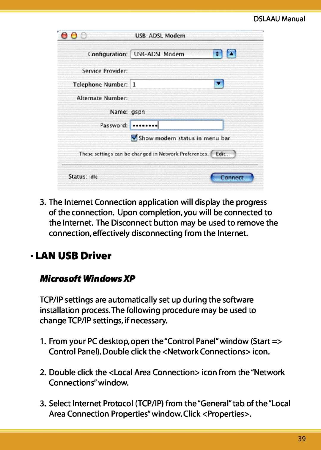 Corega DSLAAU user manual LAN USB Driver, Microsoft Windows XP 