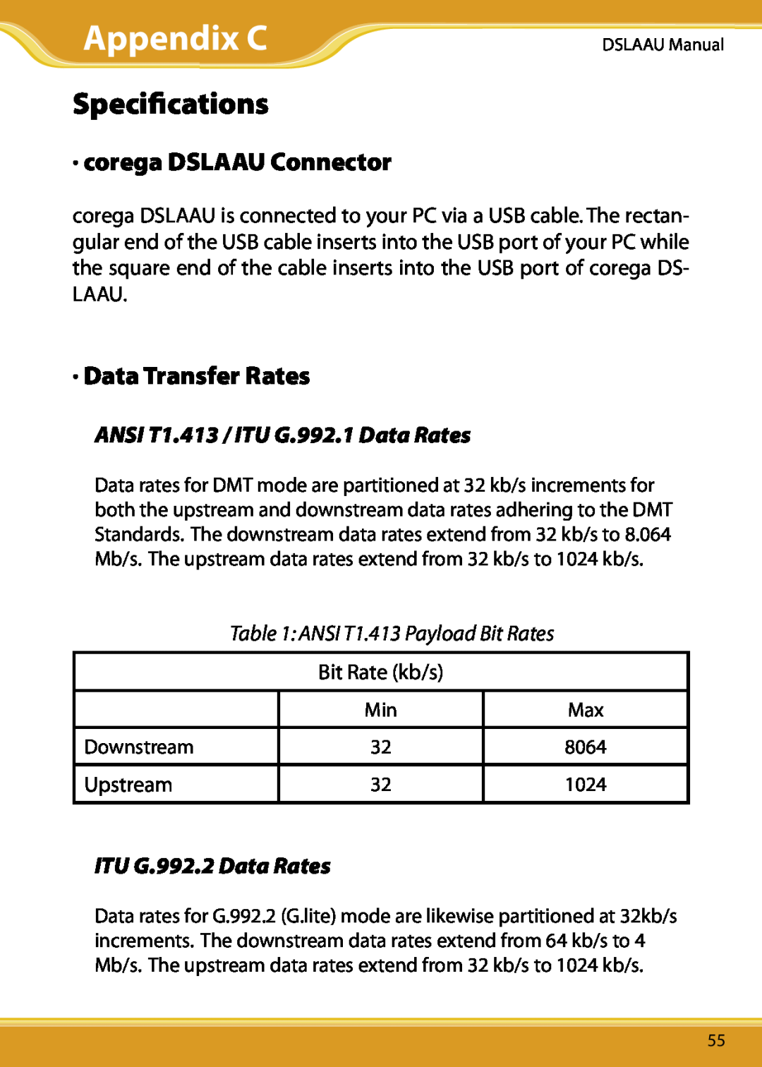 Corega Appendix C, Speciﬁcations, corega DSLAAU Connector, Data Transfer Rates, ANSI T1.413 / ITU G.992.1 Data Rates 