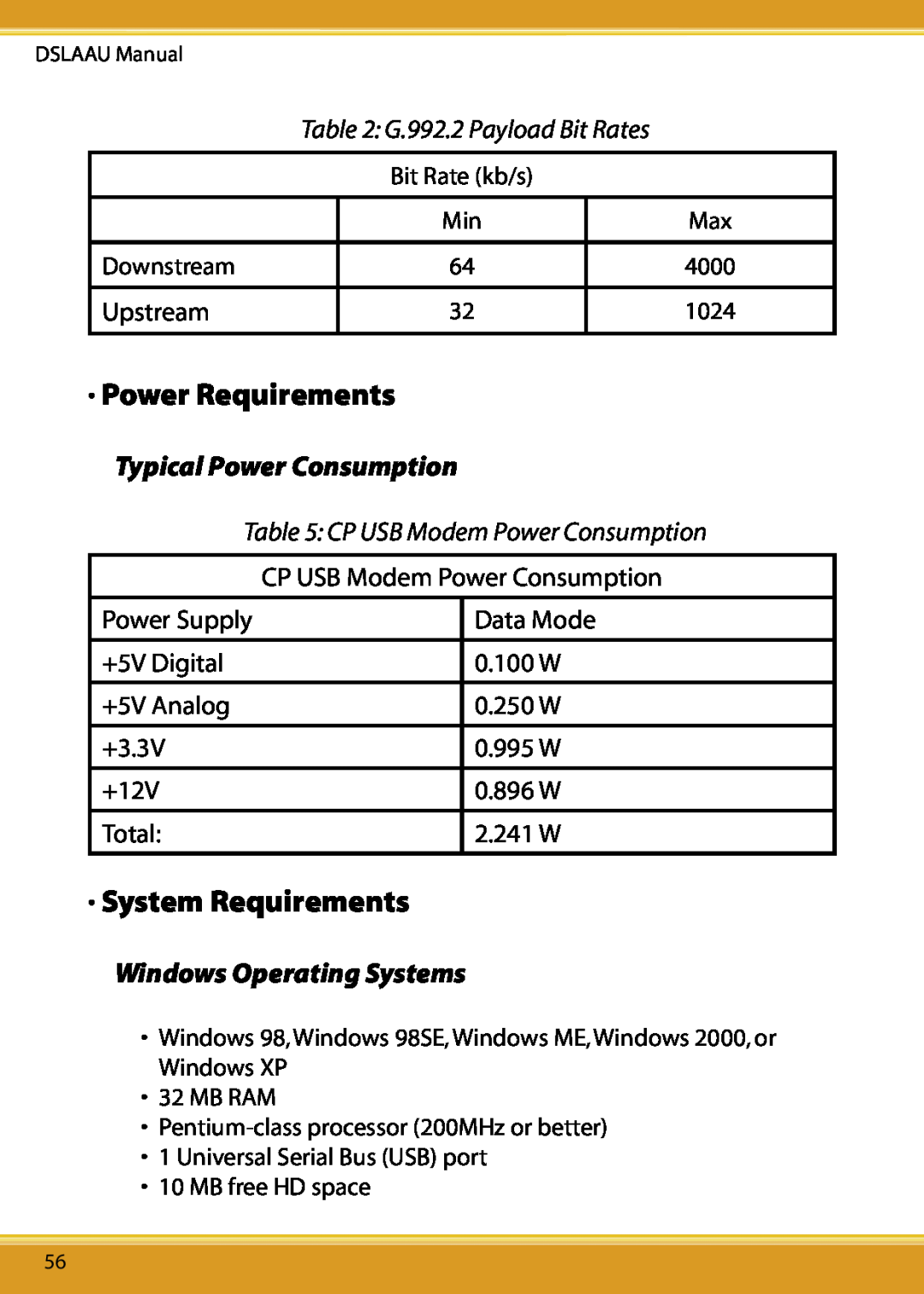 Corega DSLAAU user manual Power Requirements, System Requirements, Typical Power Consumption, Windows Operating Systems 