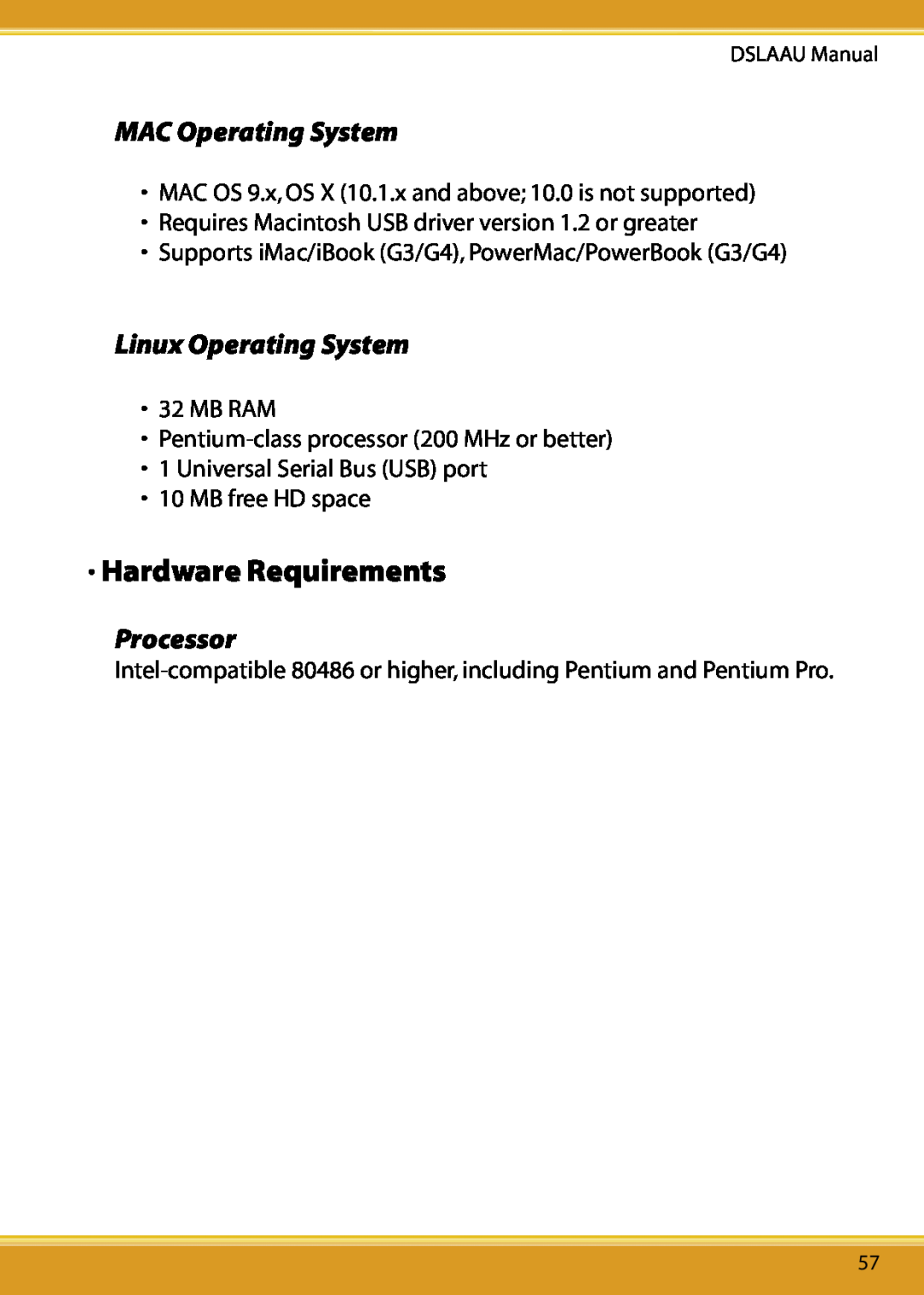 Corega DSLAAU user manual Hardware Requirements, MAC Operating System, Linux Operating System, Processor 