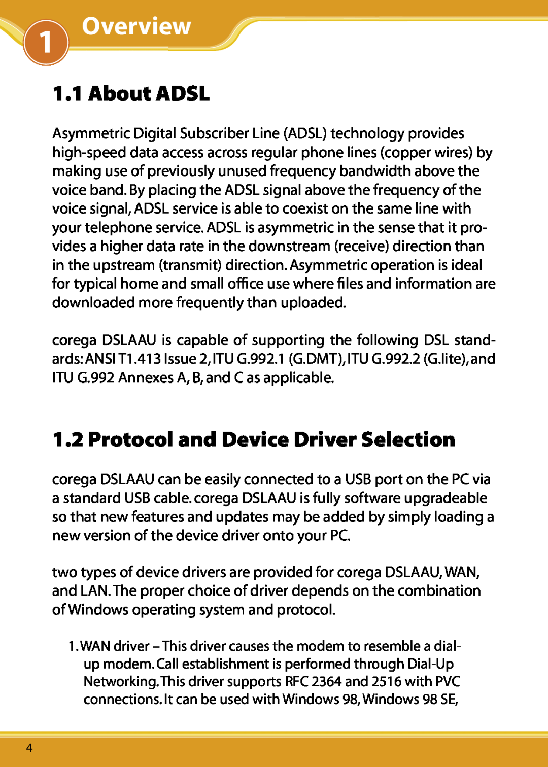 Corega DSLAAU user manual Overview, About ADSL, Protocol and Device Driver Selection 