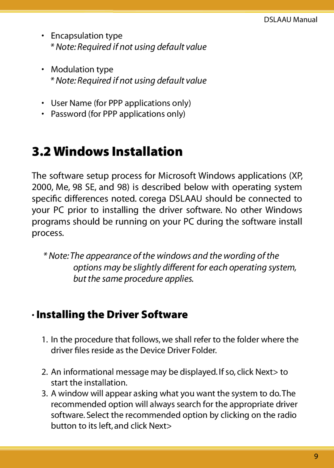 Corega DSLAAU user manual Windows Installation, Installing the Driver Software 