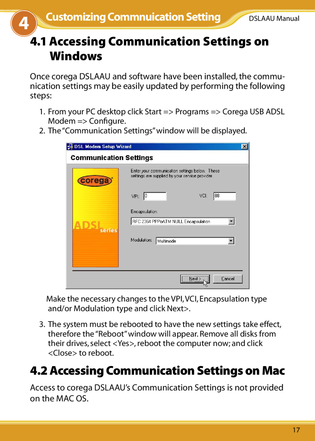 Corega DSLAAU user manual Accessing Communication Settings on Windows, Accessing Communication Settings on Mac 