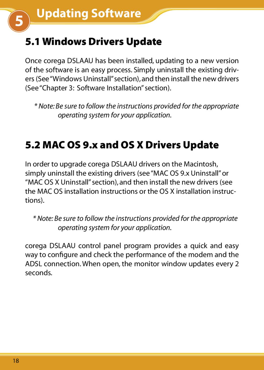 Corega user manual DSLAAU5 ManualUpdating Software, Windows Drivers Update, MAC OS 9.x and OS X Drivers Update 