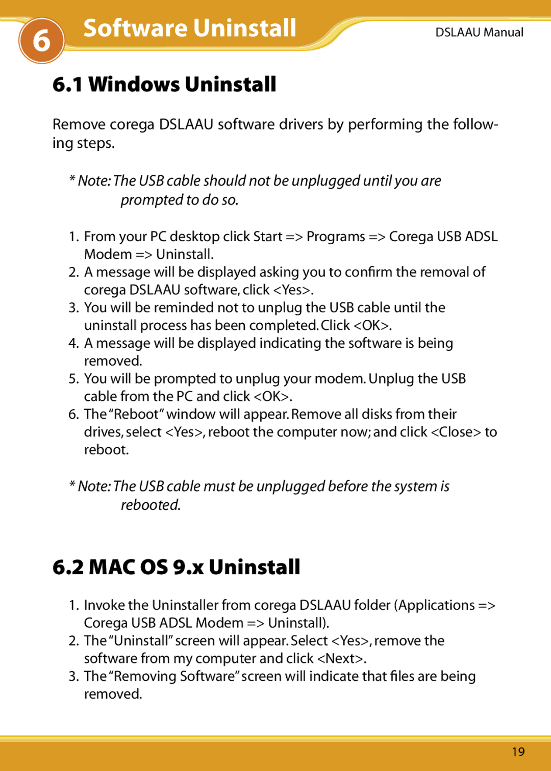 Corega DSLAAU user manual Software Uninstall, Windows Uninstall, MAC OS 9.x Uninstall 