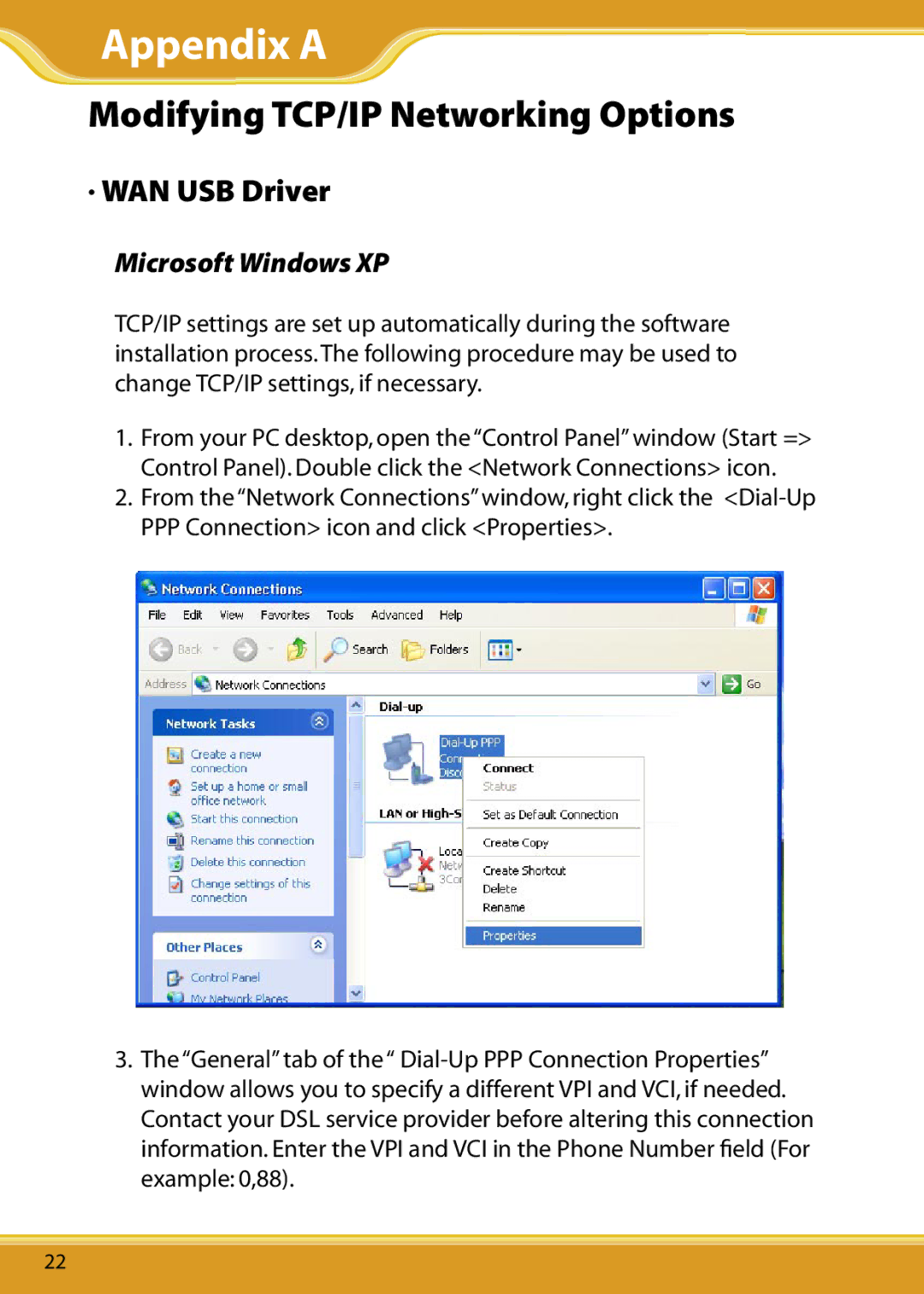 Corega DSLAAU user manual Modifying TCP/IP Networking Options, WAN USB Driver, Microsoft Windows XP 