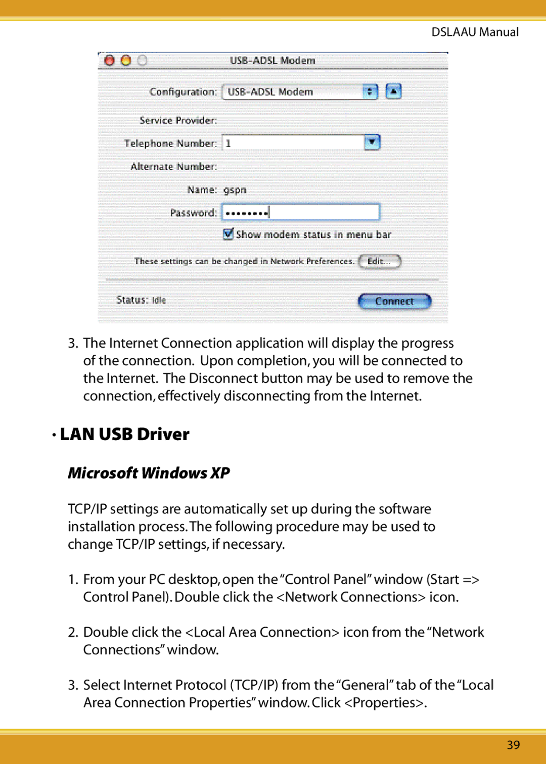 Corega DSLAAU user manual LAN USB Driver, Microsoft Windows XP 