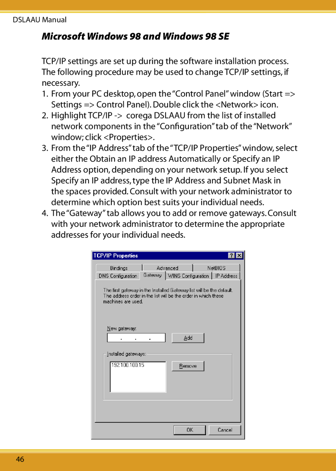 Corega DSLAAU user manual Microsoft Windows 98 and Windows 98 SE 