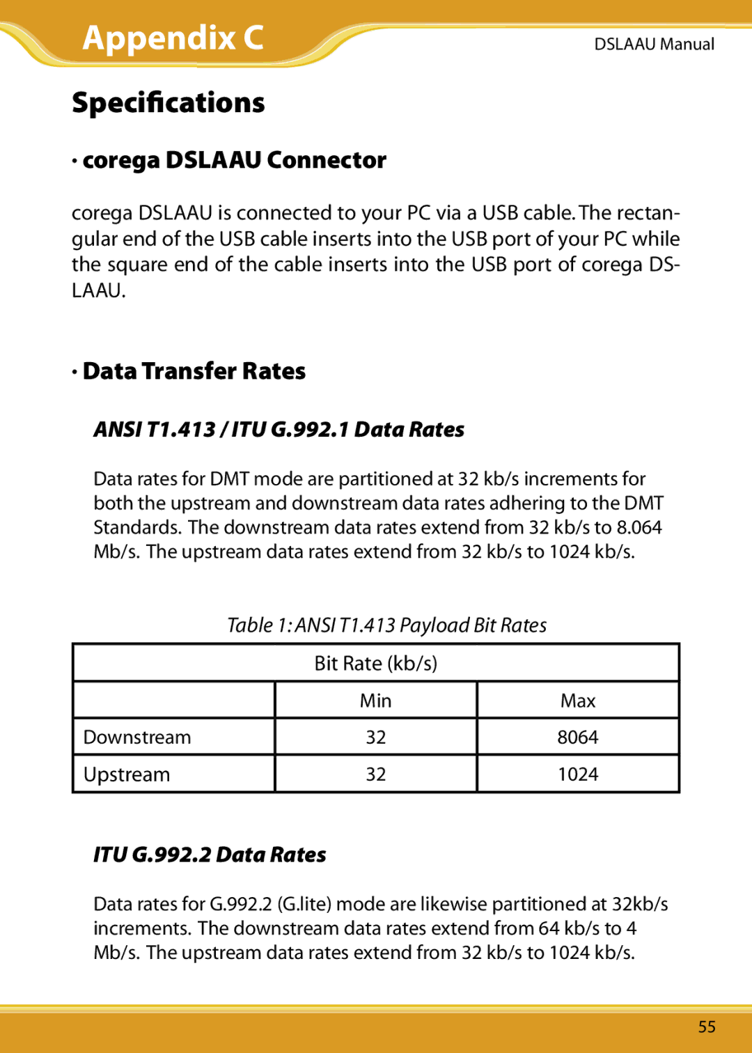 Corega DSLAAU user manual Appendix C, Speciﬁcations, Corega Dslaau Connector, Data Transfer Rates 