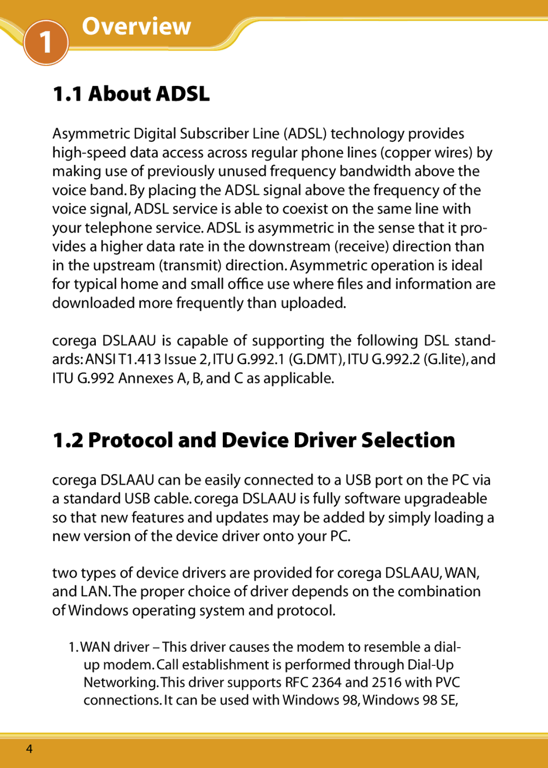 Corega DSLAAU user manual Overview, About Adsl, Protocol and Device Driver Selection 