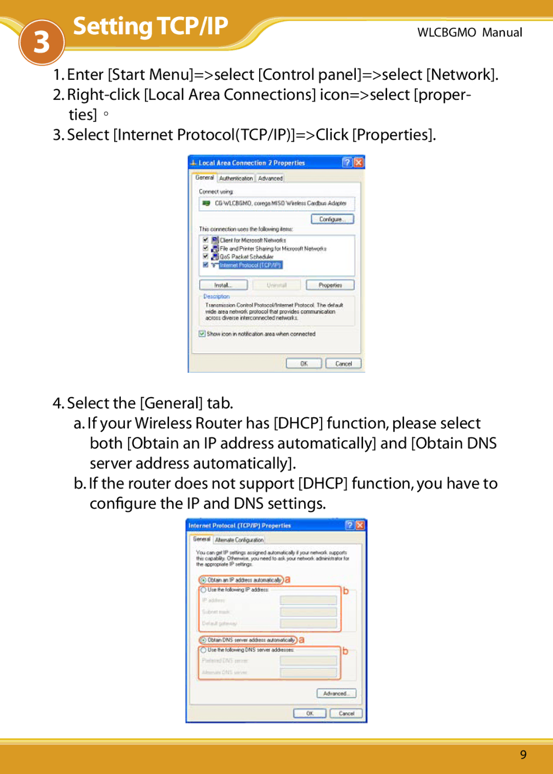 Corega WLCBGMO user manual Setting TCP/IP 