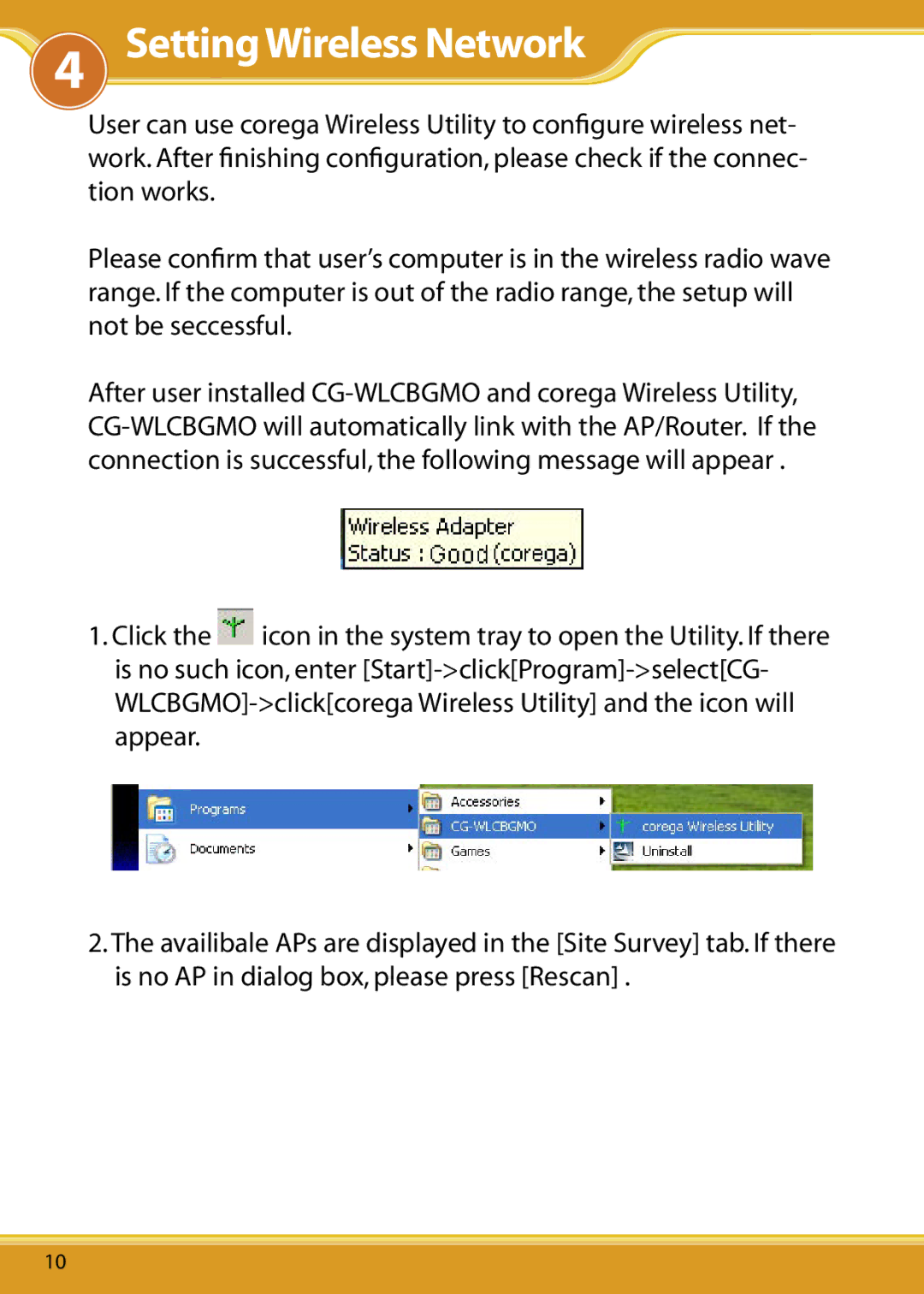 Corega WLCBGMO user manual Setting Wireless Network 