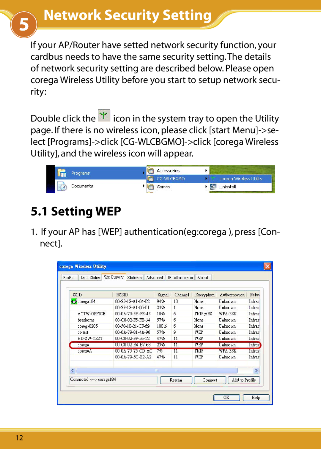 Corega WLCBGMO user manual Network Security Setting, Setting WEP 