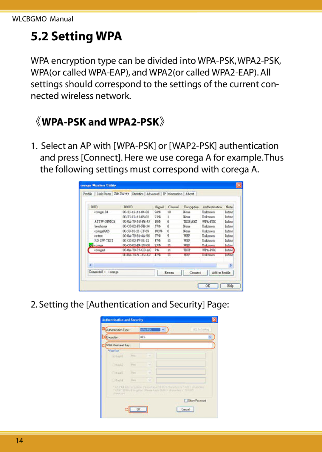 Corega WLCBGMO user manual Setting WPA, 《WPA-PSK and WPA2-PSK》 