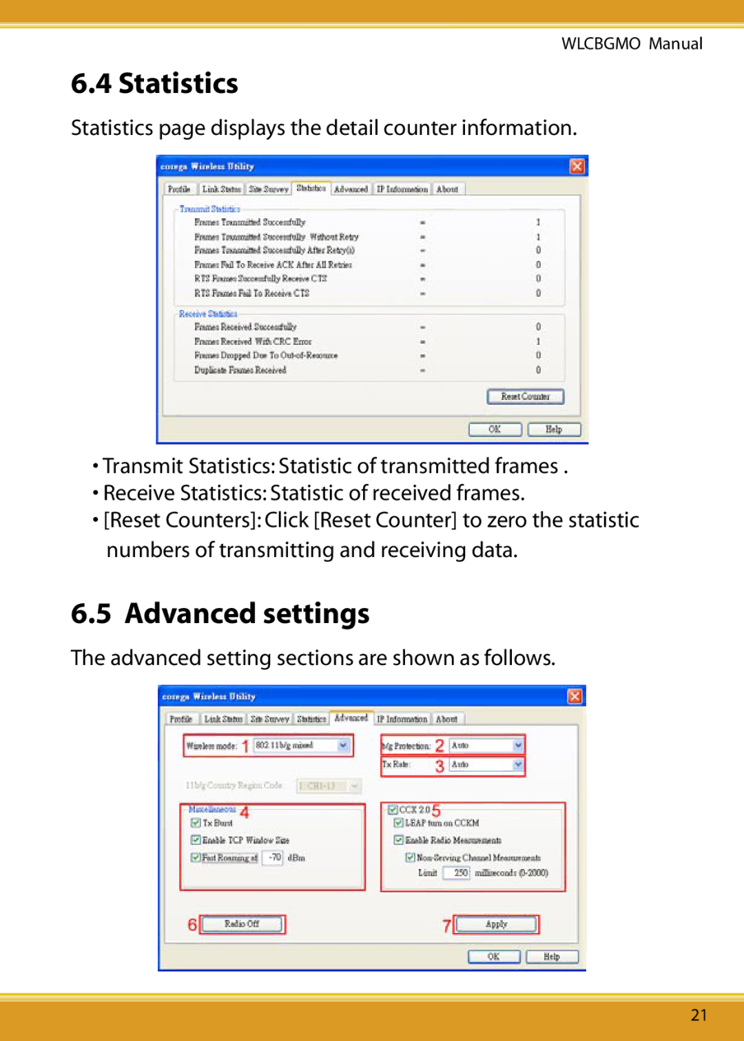 Corega WLCBGMO user manual Statistics, Advanced settings 