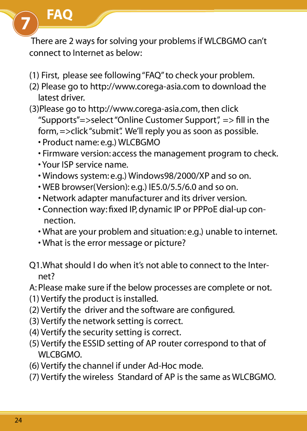 Corega WLCBGMO user manual Faq 