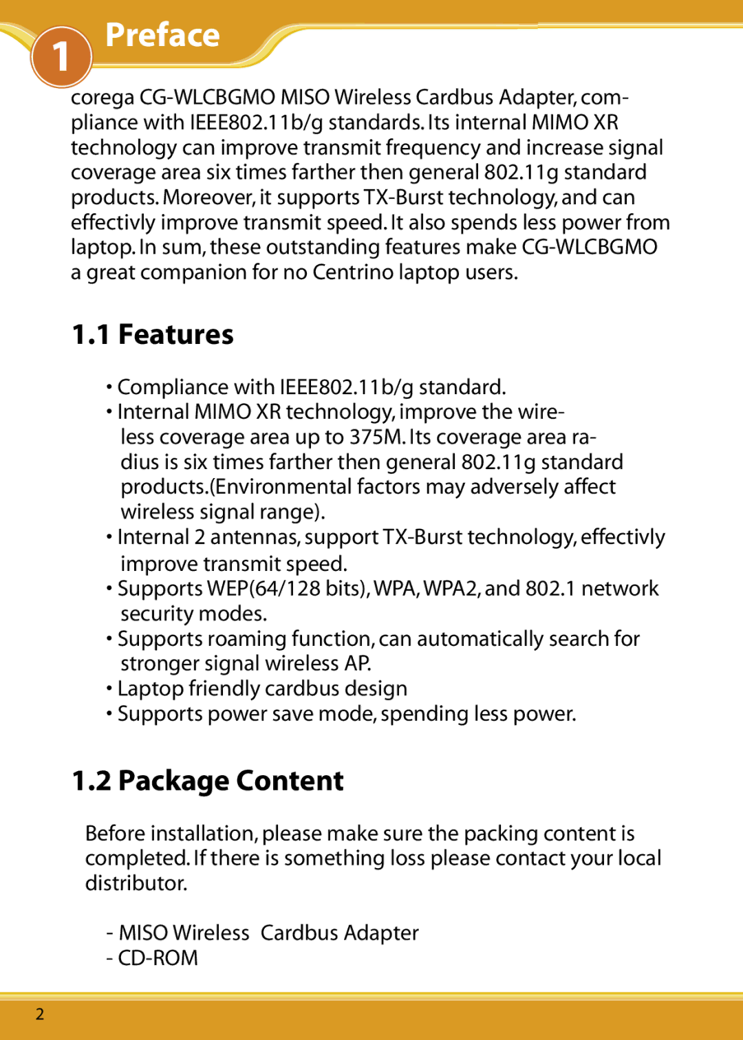 Corega WLCBGMO user manual Preface, Features, Package Content 