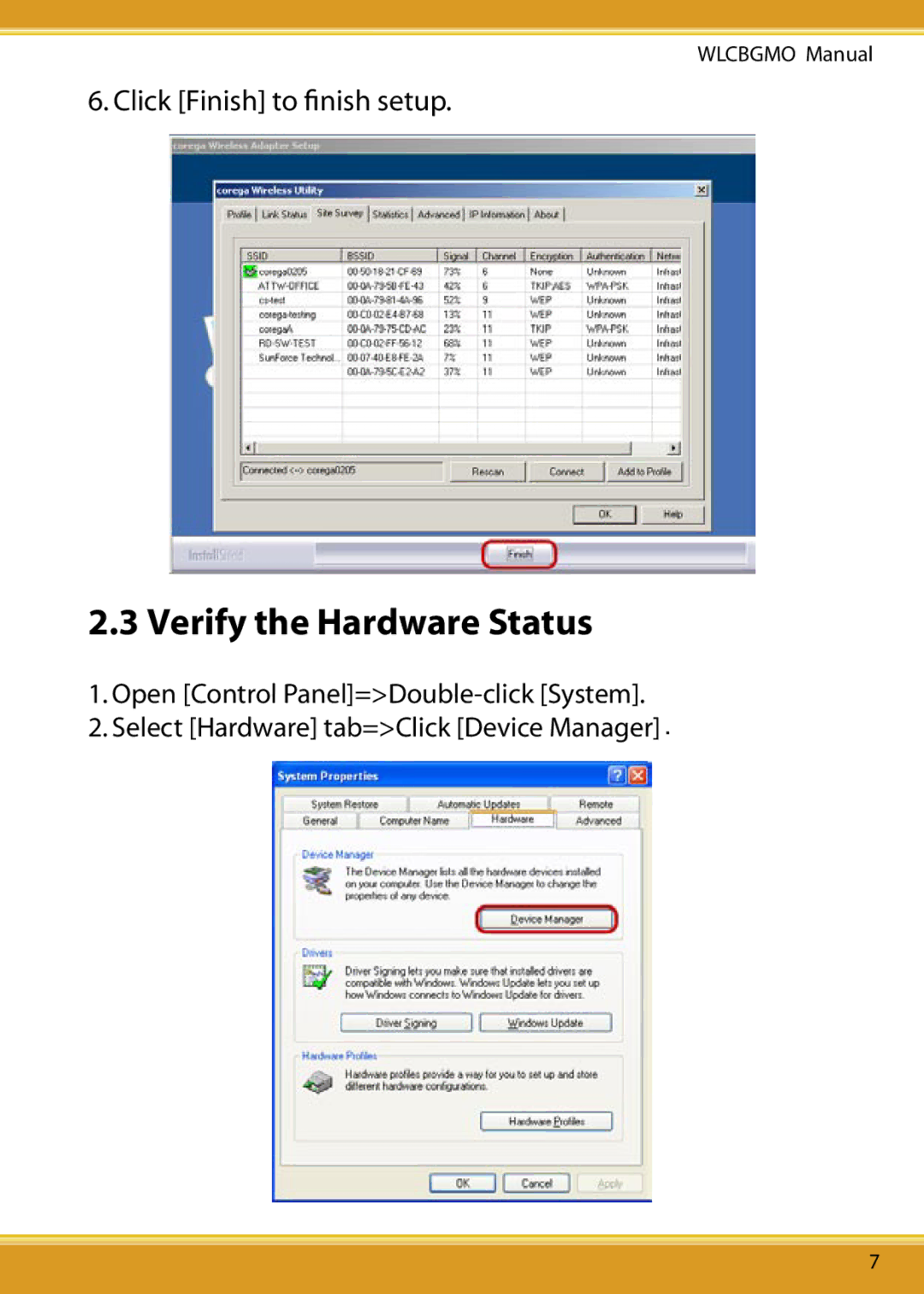 Corega WLCBGMO user manual Verify the Hardware Status 