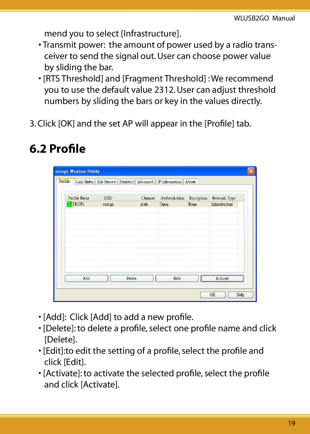 Corega WLUSB2GO user manual Proﬁle 