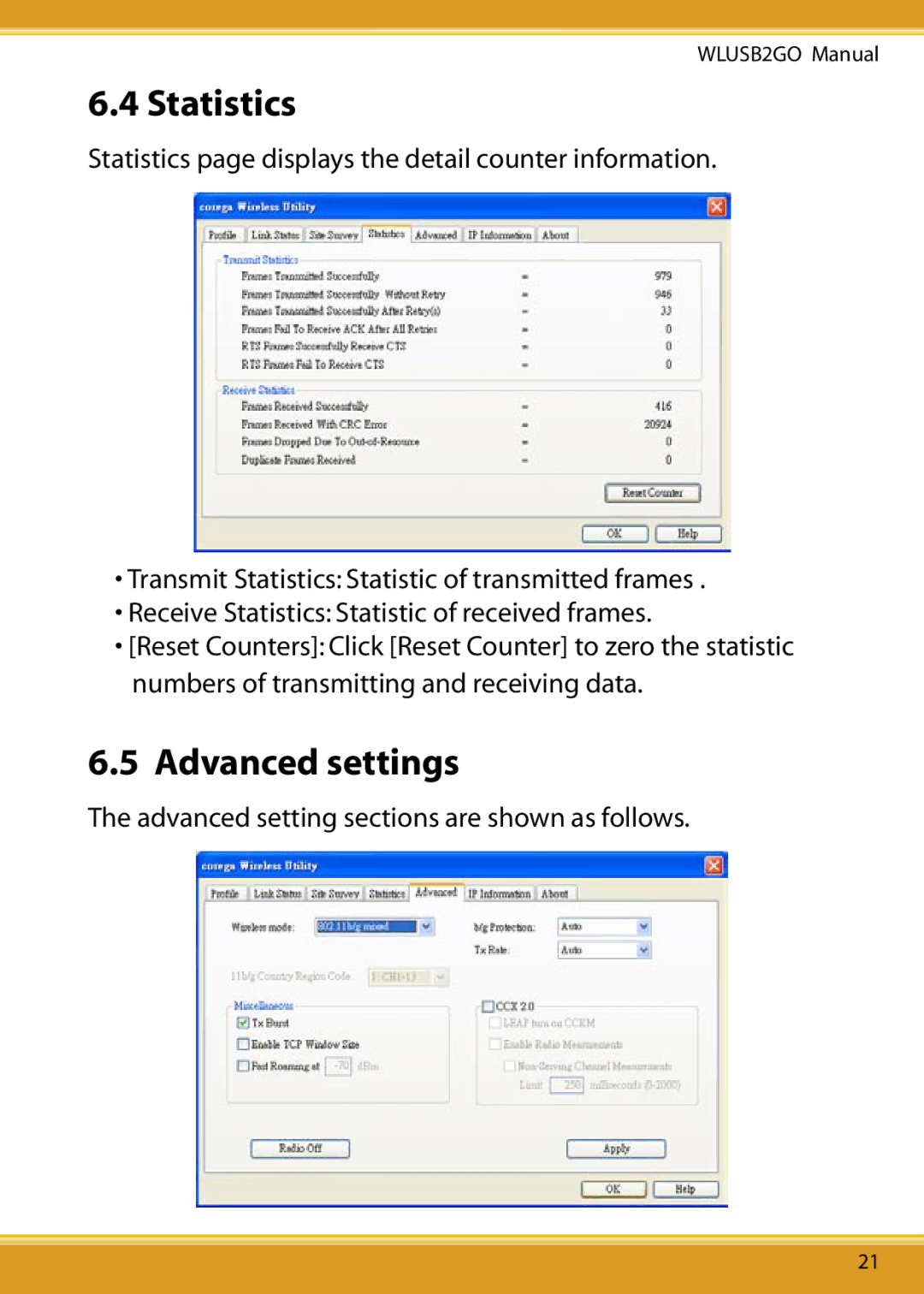 Corega WLUSB2GO user manual Statistics, Advanced settings 