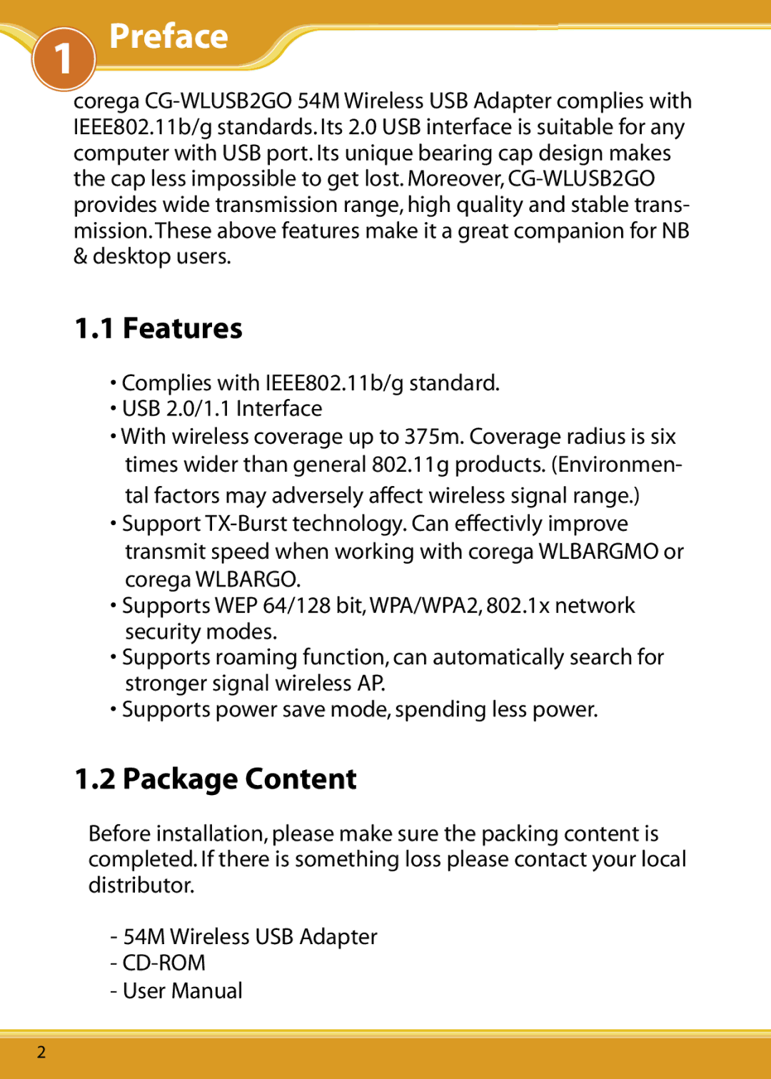 Corega WLUSB2GO user manual Preface, Features, Package Content 