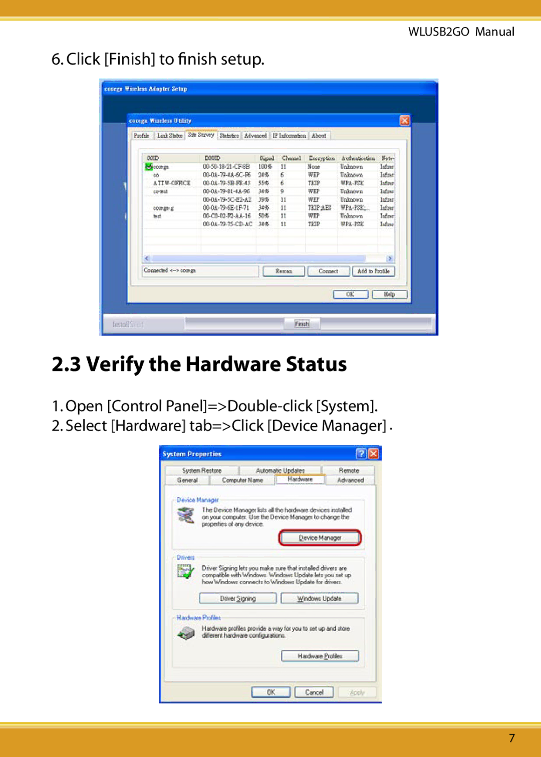 Corega WLUSB2GO user manual Verify the Hardware Status 