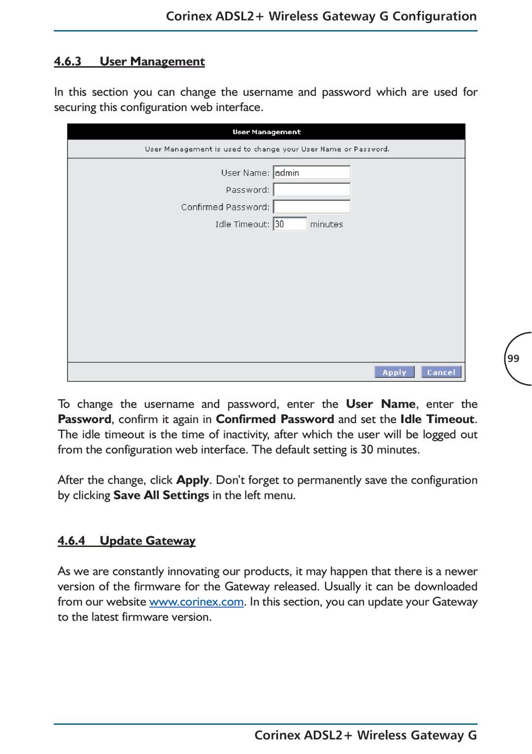 Corinex Global manual Update Gateway Corinex ADSL2+ Wireless Gateway G 
