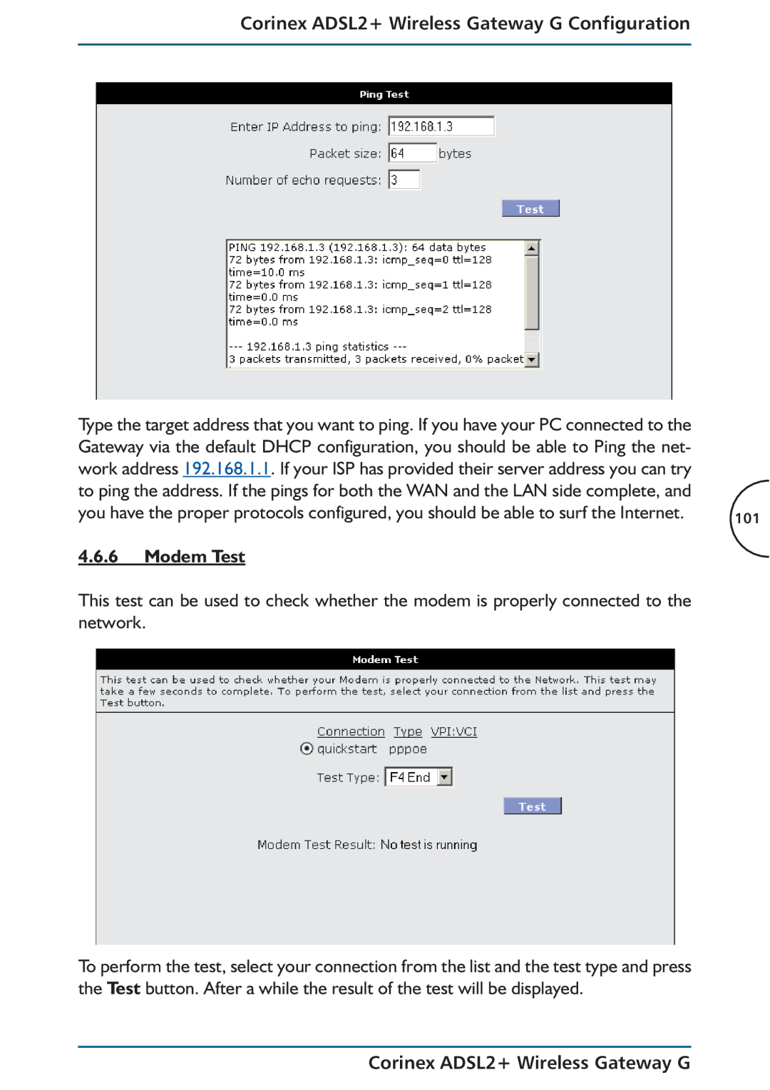 Corinex Global ADSL2+ manual Modem Test 