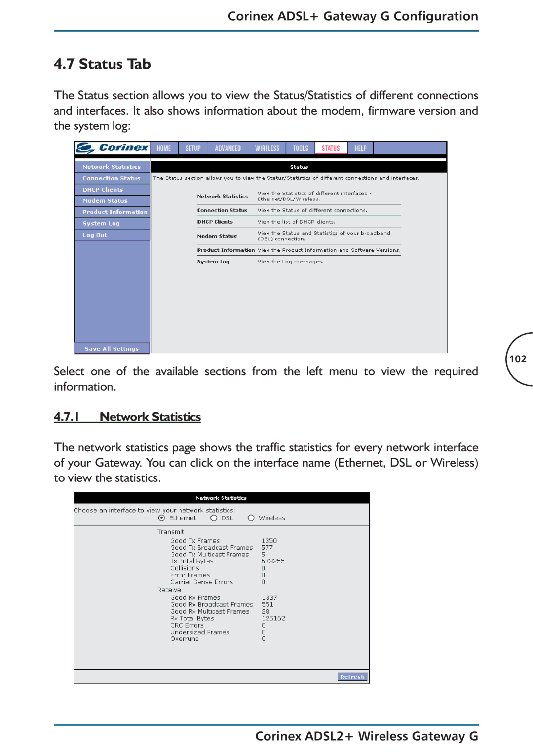 Corinex Global ADSL2+ manual Status Tab, Network Statistics 