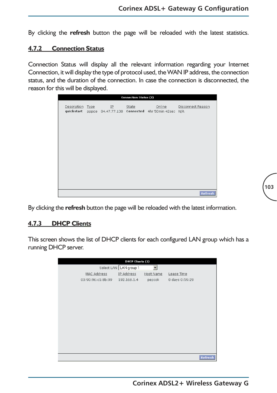 Corinex Global ADSL2+ manual Connection Status, Dhcp Clients 