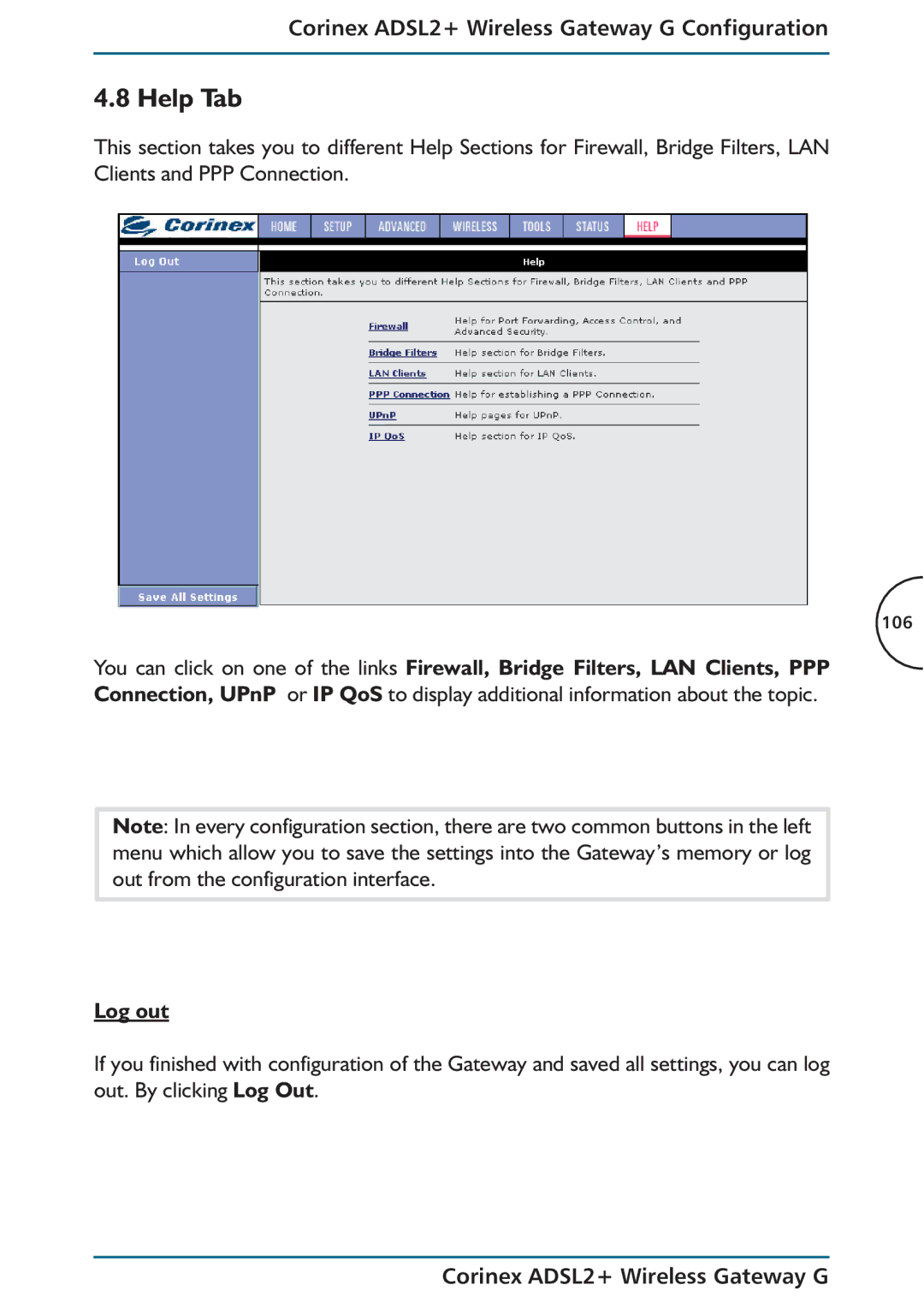 Corinex Global ADSL2+ manual Help Tab, Log out 