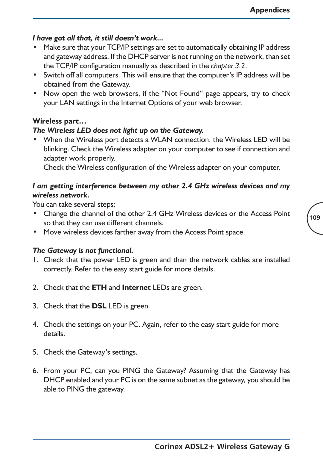 Corinex Global ADSL2+ manual Have got all that, it still doesn’t work, Wireless part… 