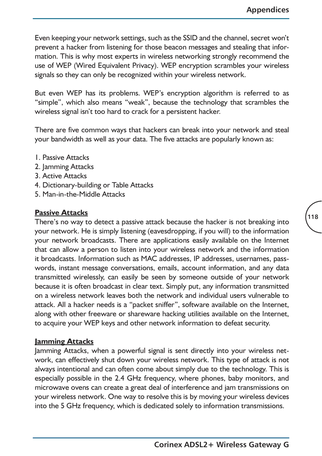 Corinex Global ADSL2+ manual Passive Attacks, Jamming Attacks 