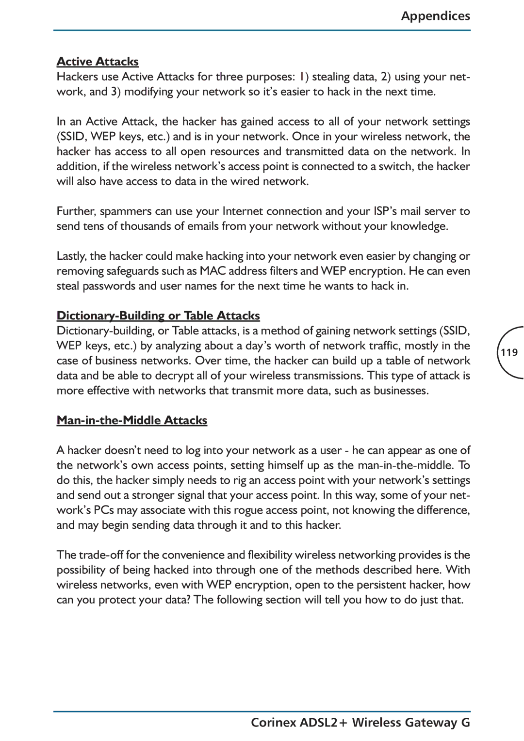 Corinex Global ADSL2+ manual Appendices Active Attacks, Dictionary-Building or Table Attacks, Man-in-the-Middle Attacks 