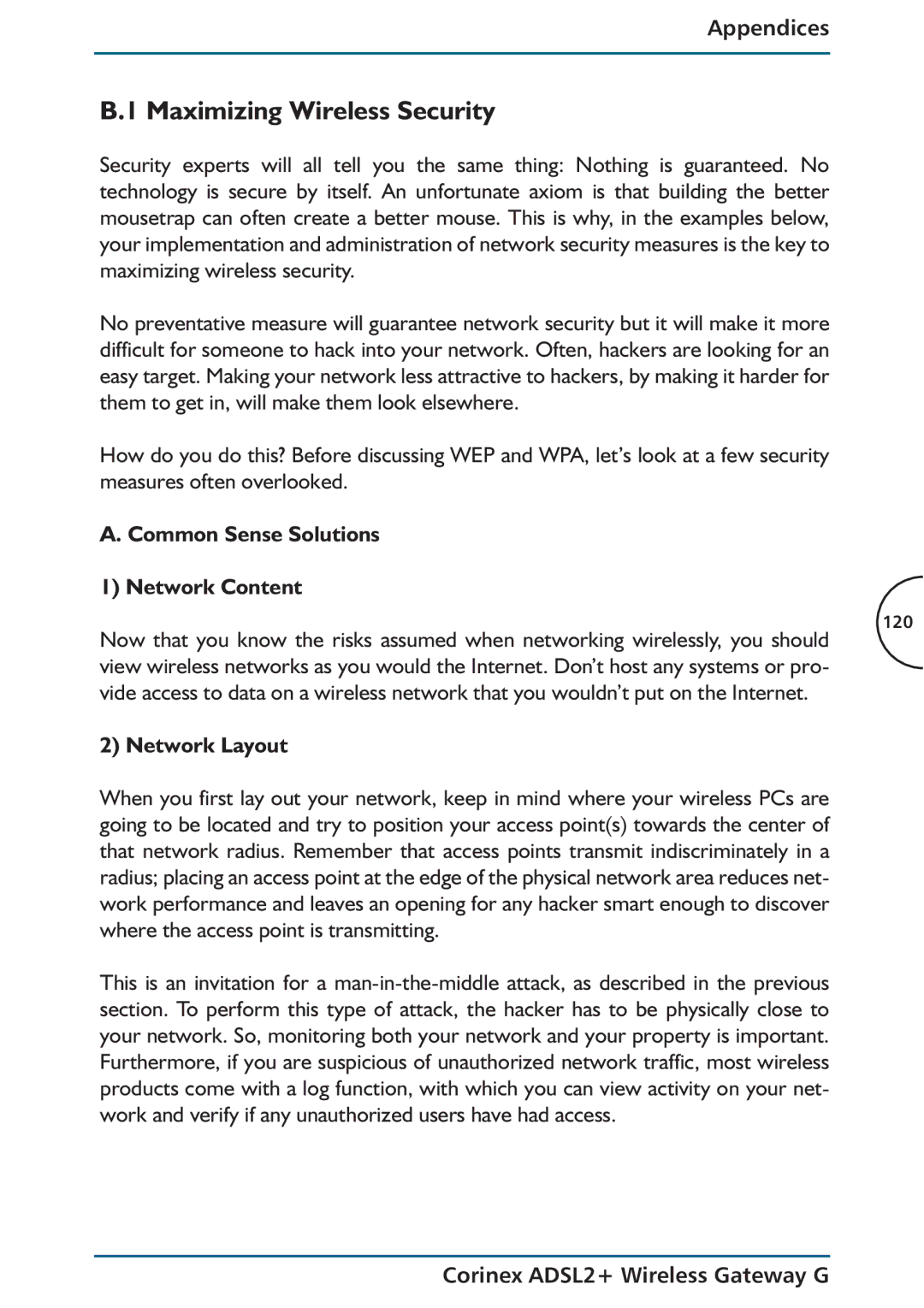 Corinex Global ADSL2+ manual Maximizing Wireless Security, Common Sense Solutions Network Content, Network Layout 