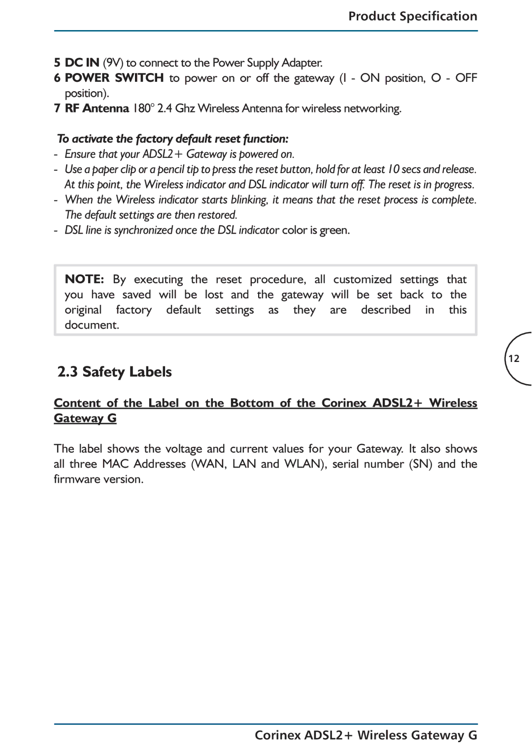 Corinex Global ADSL2+ manual Safety Labels, To activate the factory default reset function 