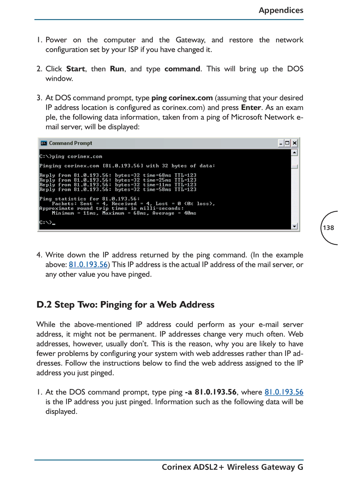 Corinex Global ADSL2+ manual Step Two Pinging for a Web Address 