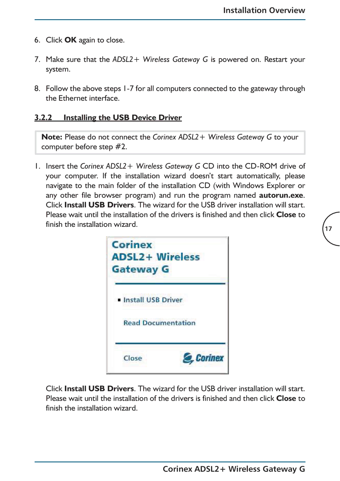 Corinex Global ADSL2+ manual Installing the USB Device Driver 