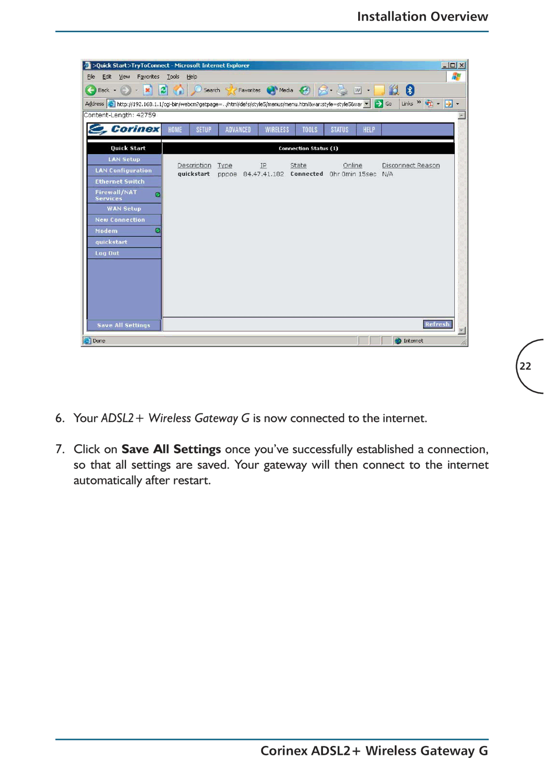 Corinex Global ADSL2+ manual Installation Overview 