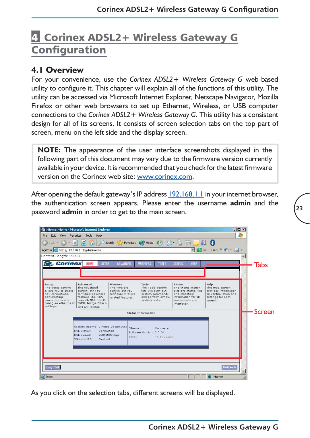 Corinex Global manual Corinex ADSL2+ Wireless Gateway G Configuration, Password admin in order to get to the main screen 