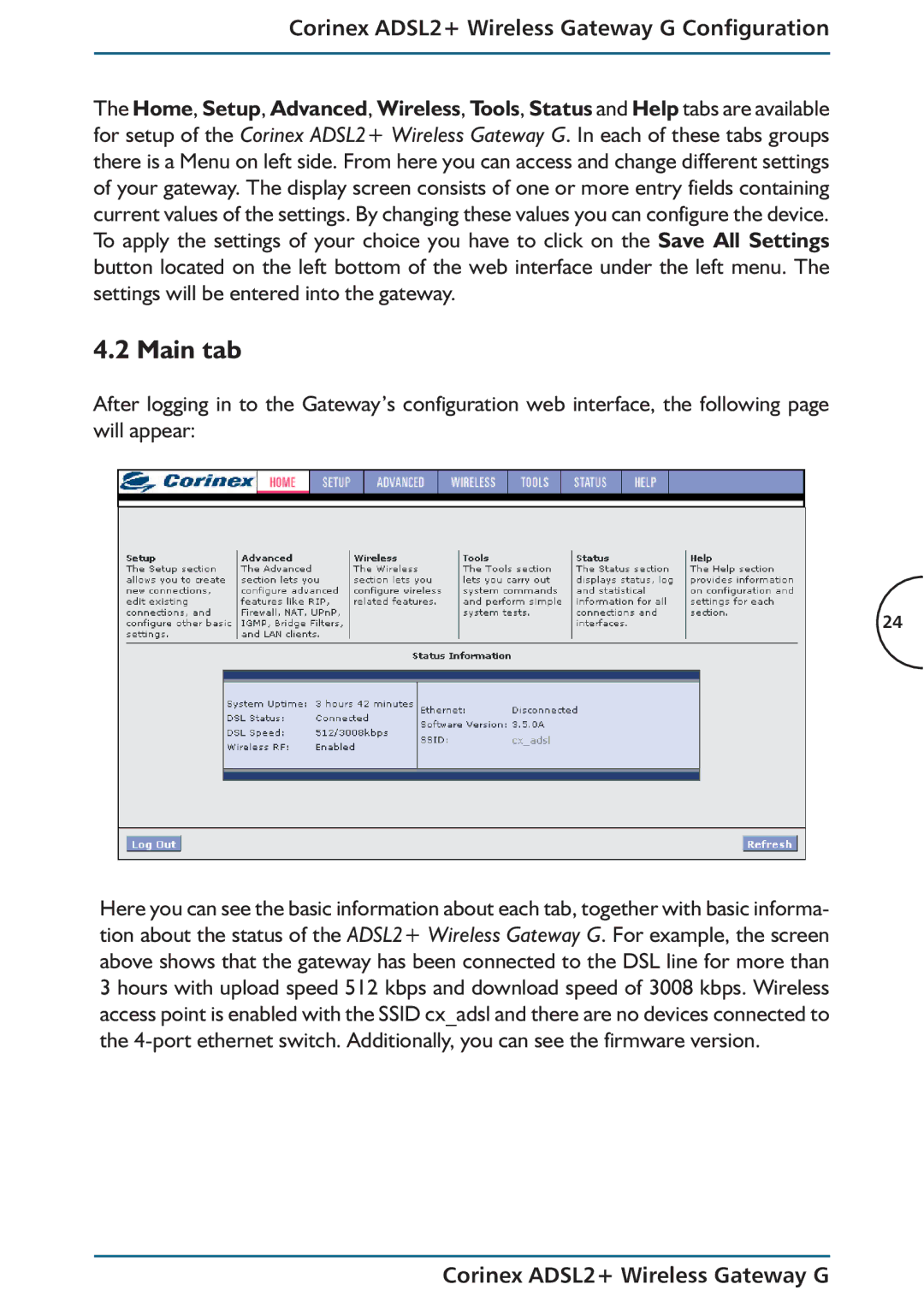 Corinex Global ADSL2+ manual Main tab 