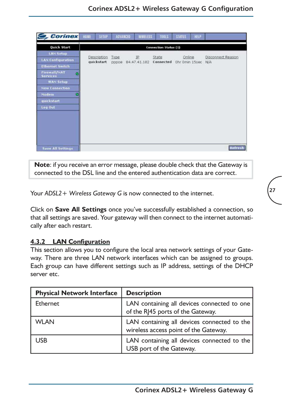 Corinex Global ADSL2+ manual LAN Configuration, Physical Network Interface Description 