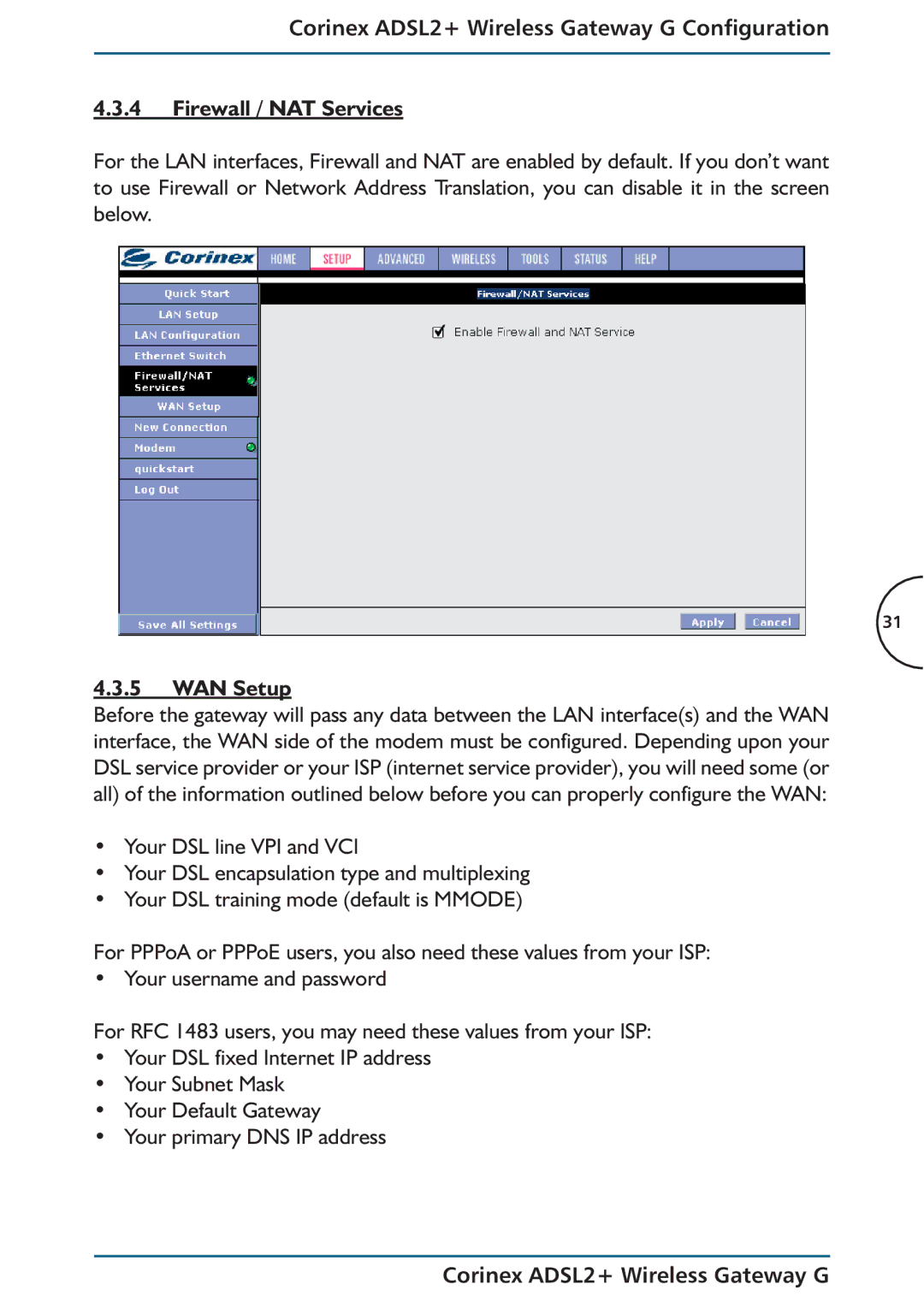 Corinex Global ADSL2+ manual WAN Setup 